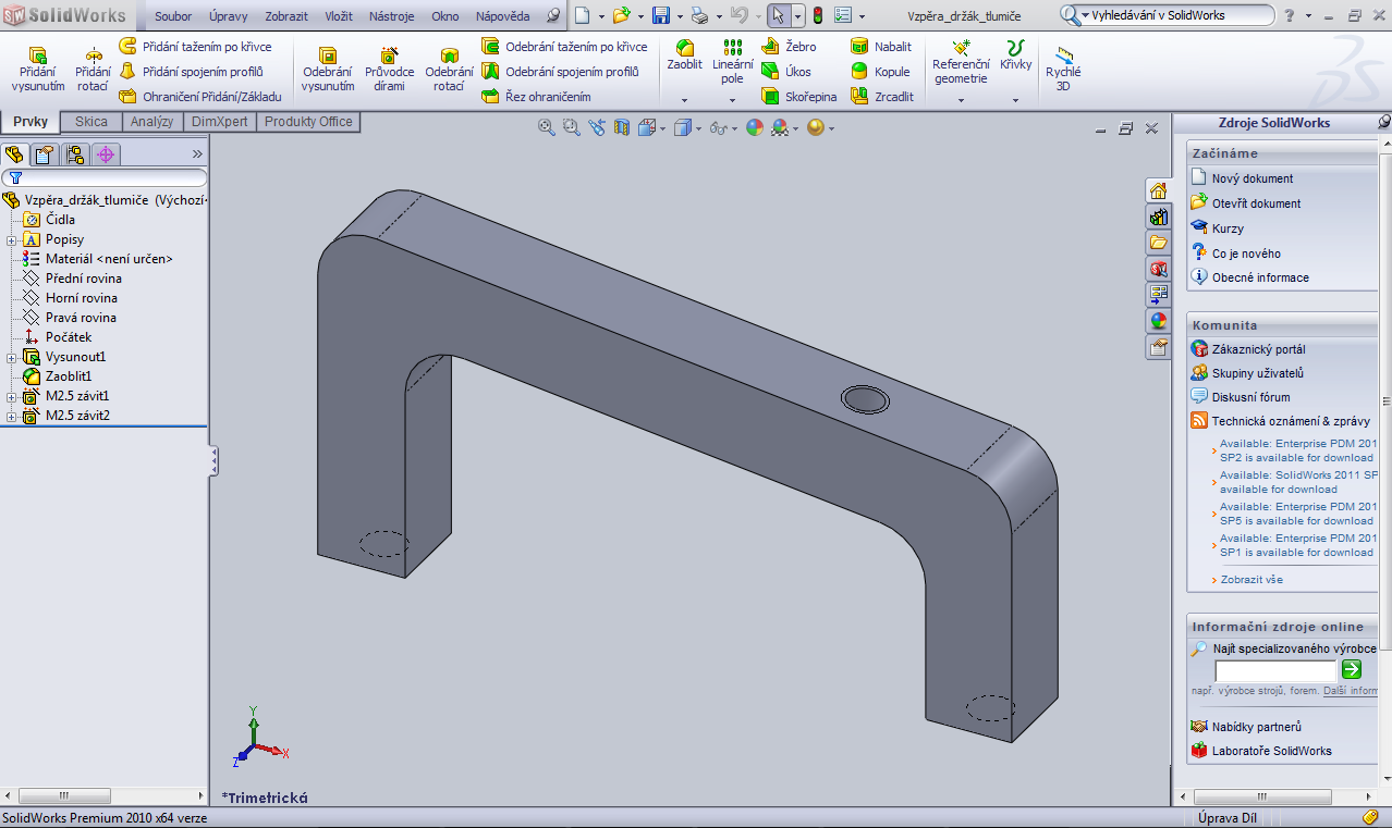 FSI VUT BAKALÁŘSKÁ PRÁCE List 8 1 5 4 3 6 2 9 7 8 1 0 Obr. 2.1 Hlavní obrazovka při návrhu dílu v programu SolidWorks 2010. Legenda: 1. Hlavní menu, 2. Feature manager, 3. Property manager, 4.