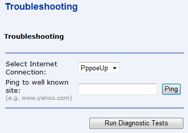 Submenu Troubleshooting (Řešení problémů) Toto submenu může pomoci s řešením problémů s připojením k internetu. Vyberte typ připojení k internetu, v tomto případě se jedná o PppoeUp.