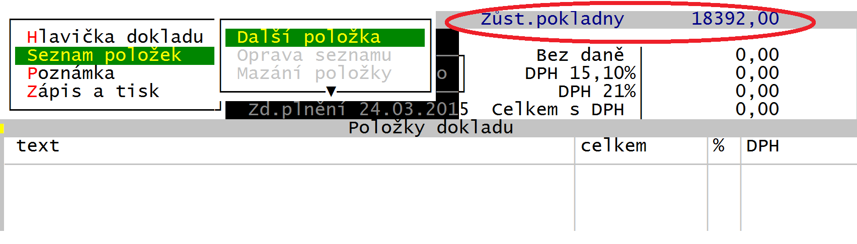 Hotovost příjem 21 HOTOVOST PŘÍJEM 21.1 Hotovostní úhrada faktury V hlavičce zvolte odpovídající druh dokladu, případně zadejte, že úhrada není dokladem DPH. Po zadání odběratele vstupte do údaje úhr.