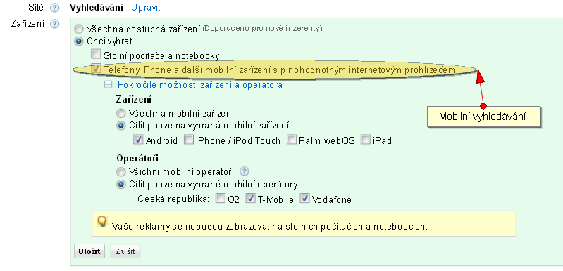 AdWords typy mobilní reklamy ve vyhledávání Mobilní reklamu AdWords lze rozdělit na dva typy: Mobilní reklamu pro telefony s plnohodnotným prohlížečem (např.