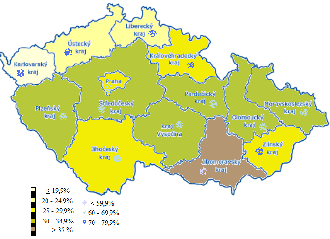 Obrázek 4 Podíl dotazovaných občanů přiklánějících se k názoru, ţe počet lůţkových zařízeních v jejich regionu v ČR je nedostatečný nebo přiměřený v roce 2010 Zdroj: vlastní zpracování a výpočty z