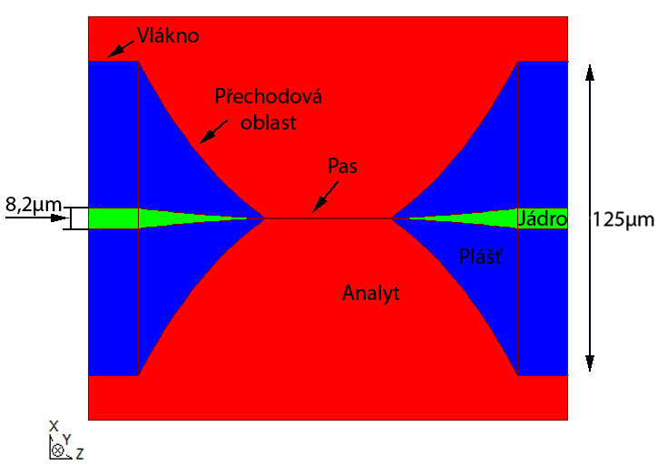 podél osy z byly předmětem zkoumání. Komponentou, které se délka podél osy z neměnila, byla část vlákna před a za zúženou oblastí sloužící k ustálení šíření záření vláknem.