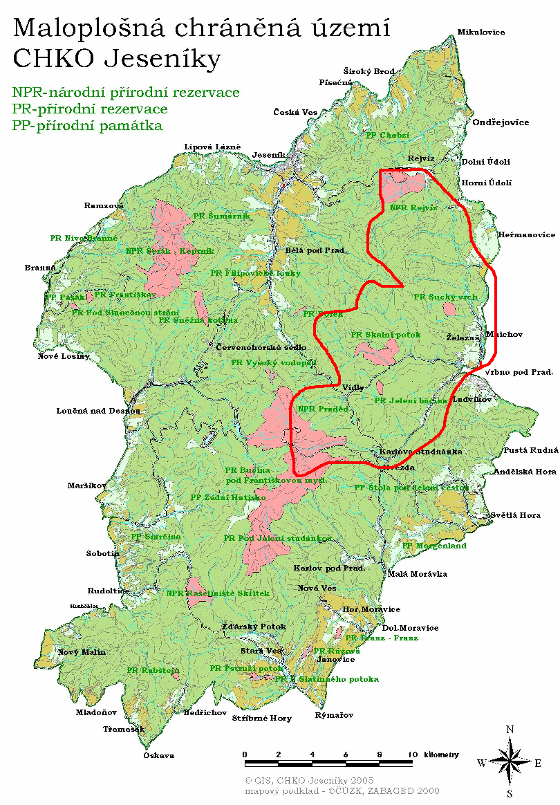 Obr. 7 Mapa máloplošně chráněných území v CHKO Jeseníky (www.jeseniky.ochranaprirody.