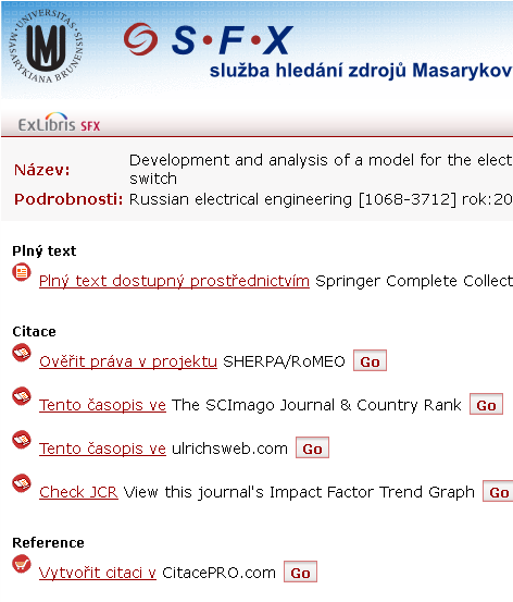 Import přes SFX (ukázka ve SpringerLink) Otevřete databázi SpringerLink,