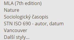 Změna citačního stylu Citace v systému i při exportech se generují dle aktuálně vybraného citačního stylu Chceme-li jej změnit, vybereme z nabídky jiný styl a zobrazování citací se změní Pokud