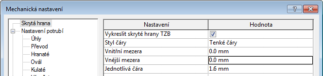 Nastavením možnost Mech., skryté u položek Vnitřní mezera a Vnější mezera na hodnotu 0 můžete výrazně zvýšit výkon, pokud není hodnota nutná pro dokumentaci při práci se skrytými čarami v pohledu.