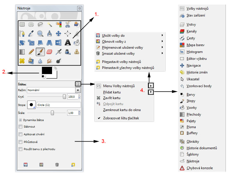 6 Okno navigátoru 3.3.2 Panel nástrojů Panel nástrojů si do nových verzí přináší některé změny, avšak stále jej lze pokládat za srdce programu GIMP.