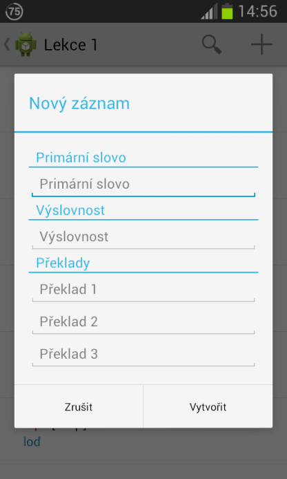 7.2 Popis uživatelského rozhraní Domovská obrazovka Uživatel má možnost si volit pomocí navigačního menu mezi režimem pro prohlížení slovíček a dvěma způsoby zkoušení.
