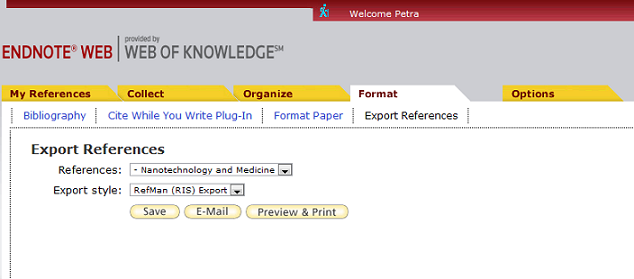 Export References umožňuje exportovat bibliografické citace z vybrané složky.