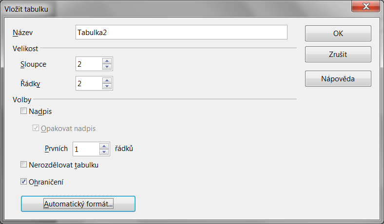 3 POPIS PROGRAMU WRITER formátování tabulek. Okno Automatický formát při stisknutí tlačítka Více zobrazí volby pro rychlou úpravu přednastavených formátů tabulek.