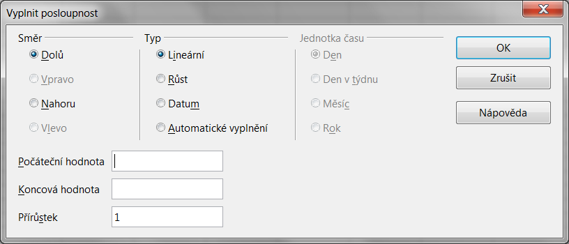 4 VLASTNOSTI PROGRAMU CALC 4.1.6 ŘADY Aplikace Calc umožňuje vkládání řad neboli posloupnosti. Nejsnadnější způsob, jak vytvořit řadu, je pomocí úchytu v pravé dolní části buňky.