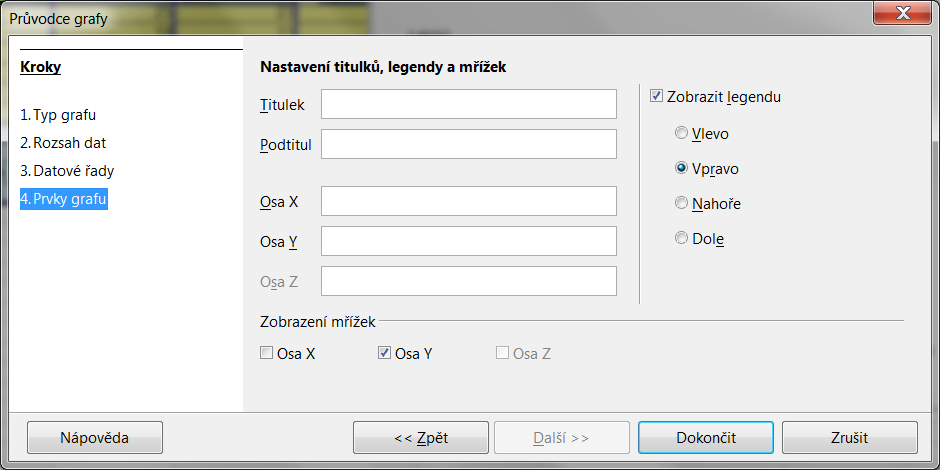 4 VLASTNOSTI PROGRAMU CALC Třetí krok Datové řady slouží k definování jednotlivých datových řad. Tyto řady zde můžeme přidávat, odebírat a upravovat.