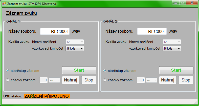 Obr. 4.4: Vzhled aplikace po spuštění. Uživatel má možnost ovládat z počítače oba kanály.
