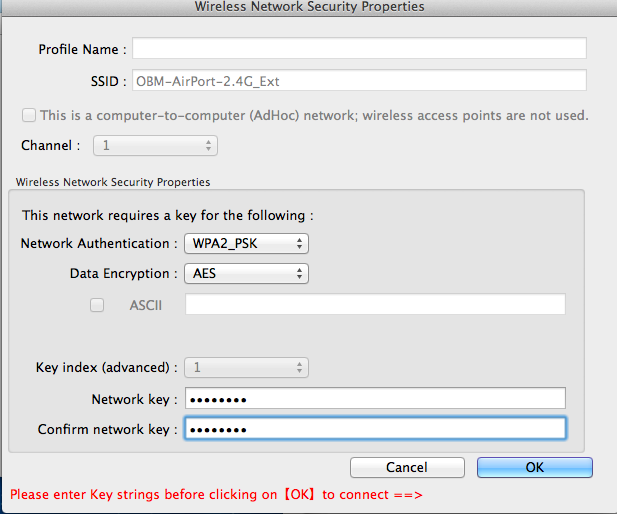 3. Zadejte heslo (network key) pro bezdrátovou síť Wi-Fi, níže heslo (network key) znovu potvrďte a klikněte na OK. 4.