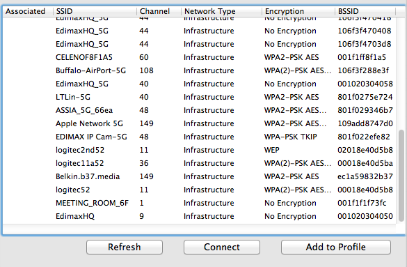 VII-3-3. Available Network (Dostupné sítě) Obrazovka Available Network (Dostupné sítě) zobrazuje seznam všech dostupných bezdrátových sítíwi-fi společně s různými kategoriemi informací o každé síti.