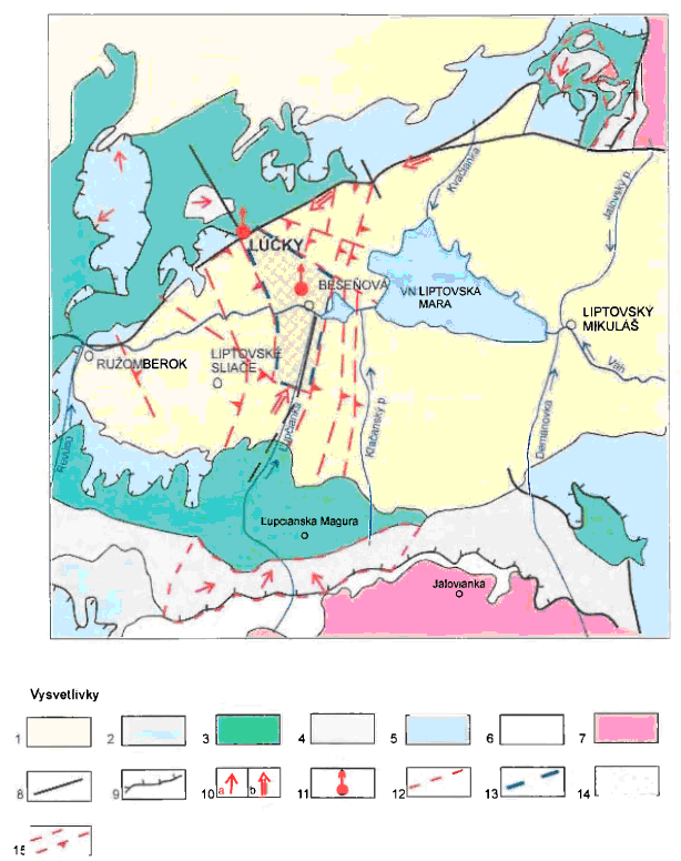 Na Obr. 10 je zobrazeno geologicko-tektonické schéma hydrogeologické struktury termální vody v Bešeňové. Obr. 10. Geologicko-tektonická schéma hydrogeologické struktury termální vody v Bešeňové.