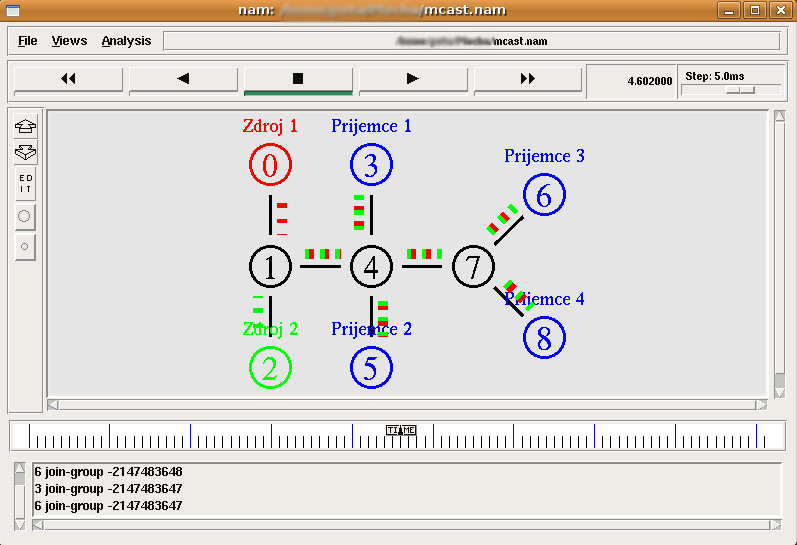 - pakety ze zdroje 1 budou mít červenou barvu, ze zdroje 2 zelenou - v čase 2.0 s od počátku simulace, uzly 3 a 5 začnou přijímat vysílání od zdroje 1 - v čase 2.
