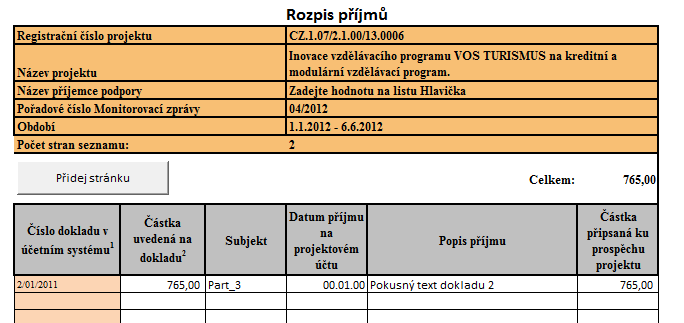 Rozpis příjmy Postup vyplňování jednotlivých rozpisů je shodný s postupem uvedeným v předchozím kroku. 1.