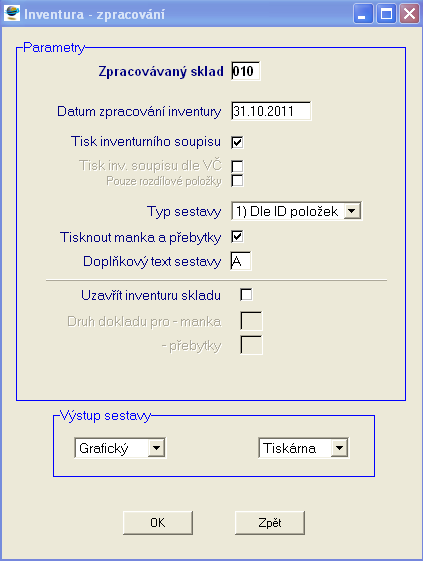 Parametricky lze v dialogu zvolit rozsah použitých funkcí, v jakém tvaru vytisknout inventurní soupis, zda k inventurnímu soupisu přidat tisk položek mank a přebytků, případně tisk doplňkového textu