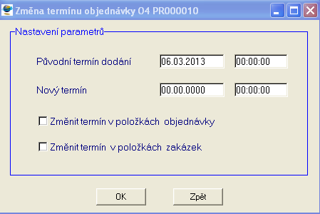 Změna termínu Umožňuje provést změnu původně stanoveného termínu dodání objednávky.