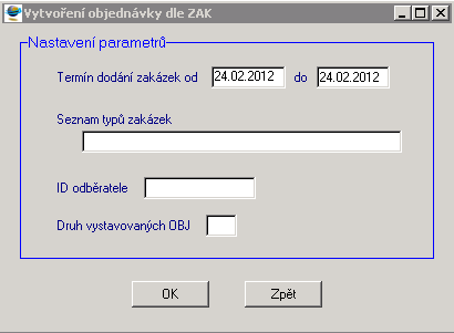 6.3.6 Tvorba objednávky dle zakázek Tato funkce umožňuje vytvoření objednávek dle položek zakázek pro zakázky s termínem dodání v zadaném rozsahu.