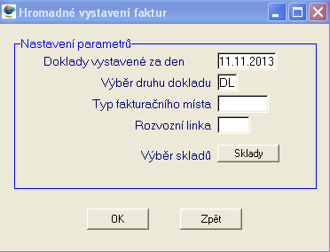 Je-li vybrán pro fakturu alespoň jediný doklad, je vystavena hromadná faktura. Na fakturu jsou doplněny údaje podle zadaných parametrů a dále podle údajů uvedených na jednotlivých dokladech.