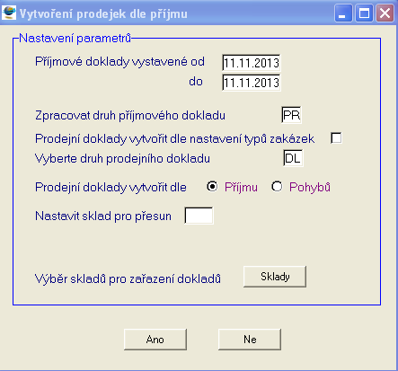 druh vystavovaného příjmového dokladu ( v případě přesunu ) aktualizace příjmových dokladů - převod do zásob ( v případě přesunu ) Do seznamu jsou zařazeny dosud neexpedované nebo nestornované