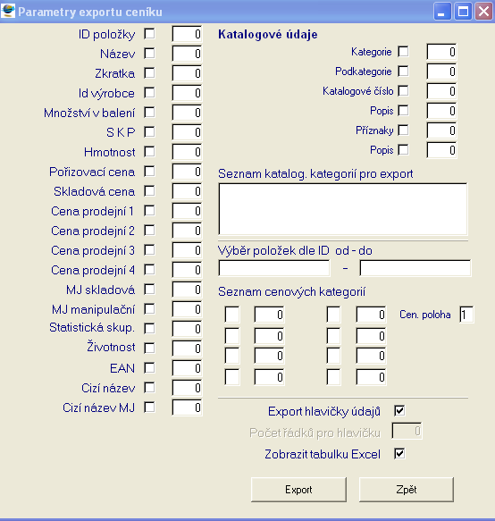 V obou případech exportu položek lze ještě omezit seznam ( filtr ) exportovaných položek pomocí parametrů, které jsou