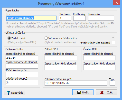 ZK SOFT Program ZK Daňová evidence do sloupce 7 - možnost rozepsat do sloupců 8,9 a 10, DPH se zapisuje do sloupce 21, přičítá se ke sloupci 6 Úhrada faktur přijatých - zapisuje se do sloupce 5,