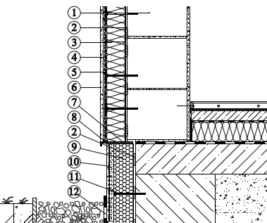 ZATEPLENÝ SOKL S ODSKOKEM 1. Zdivo 2. Lepící tmel 3. Tepelná izolace (zajištěna zapuštěnými talířovými hmoždinkami) 4. Stěrkový tmel 5.