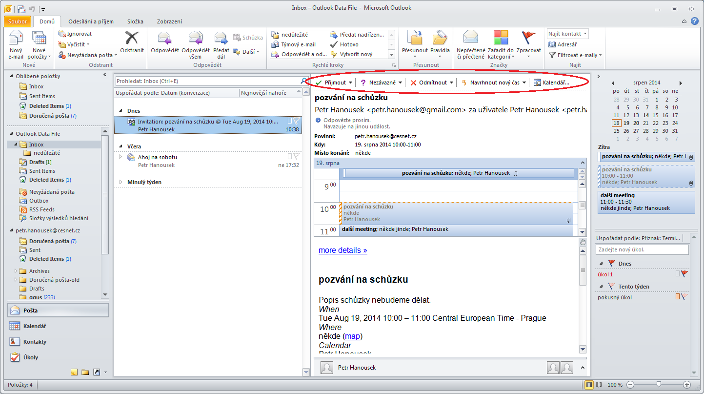 Obrázek 19: pozvánka na schůzku Zobrazení úkolů v kalendáři Pod zobrazením kalendáře je seznam úkolů.