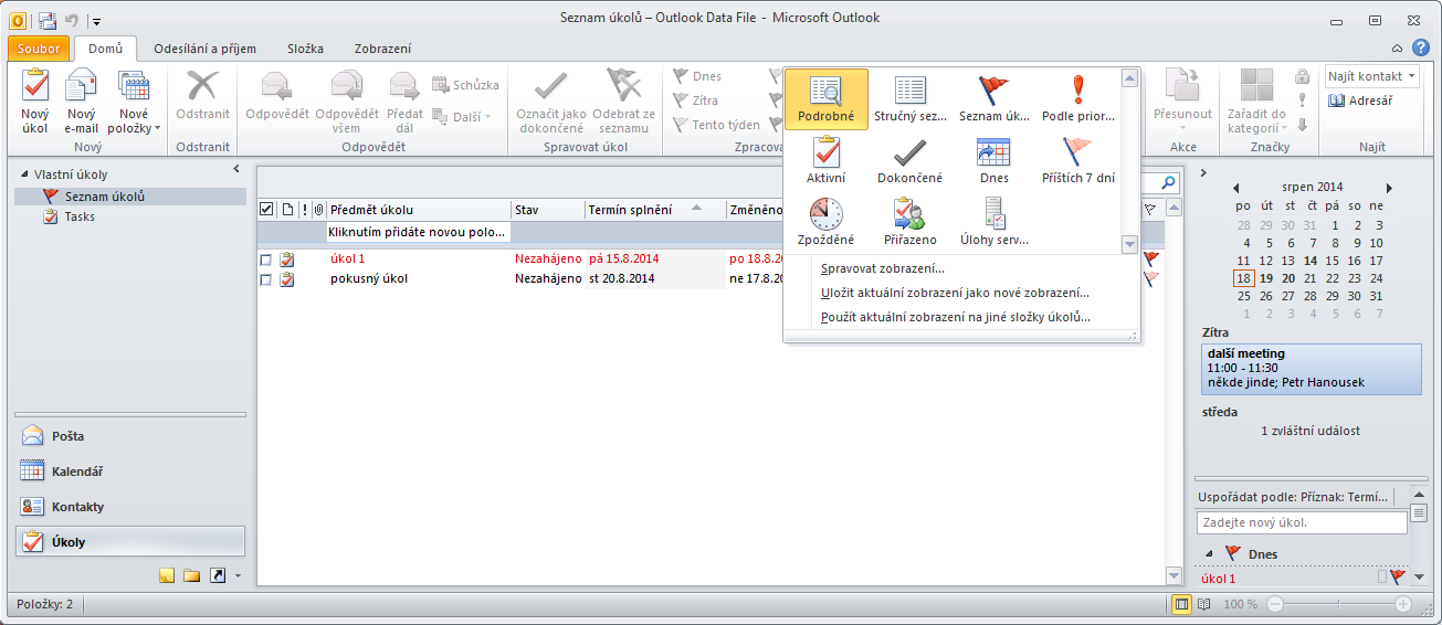 Obrázek 20: zobrazení úkolů v kalendáři Úkoly Úkolové zobrazení Outlooku dovoluje rozšířené přehledy úkolů, i jejich rychlé, přitom podrobné, založení nebo úpravy.