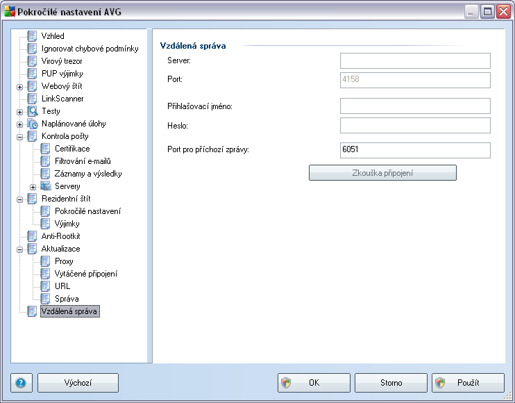 10.13. Vzdálená správa Nastavení v dialogu Vzdálená správa slouží k připojení klientské stanice AVG do systému vzdálené správy.