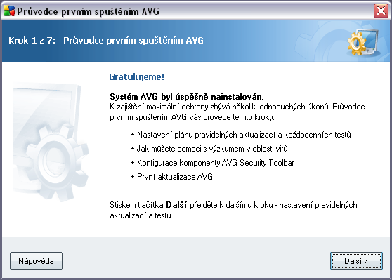 5. Průvodce prvním spuštěním AVG Po dokončení instalace AVG se automaticky spustí Průvodce prvním spuštěním AVG a provede vás procesem konfigurace AVG 8.5 File Server.