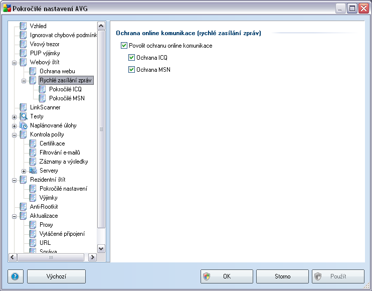 10.5.2. Rychlé zasílání zpráv V dialogu Ochrana online komunikace (rychlé zasílání zpráv) můžete editovat parametry komponenty Webový štít vztahující se k online kontrole okamžité komunikace.