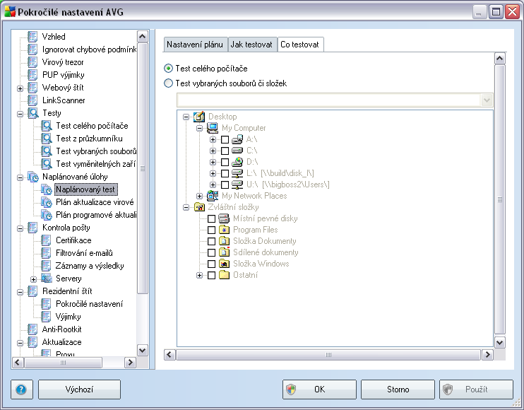 Na záložce Co testovat definujte, zda si přejete naplánovat Test celého počítače nebo Test vybraných souborů či složek.