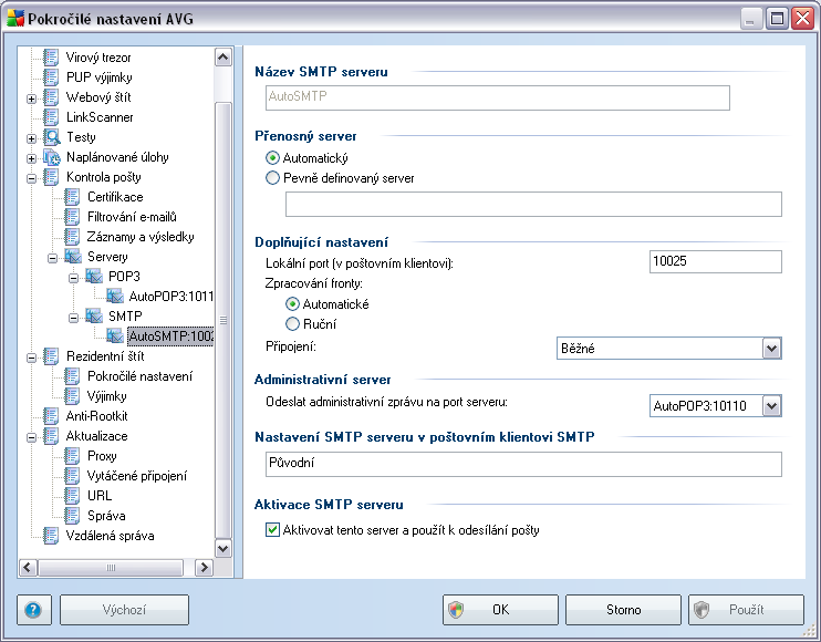 V tomto dialogu (odkaz Servery / SMTP) nastavujete server Kontroly pošty s protokolem SMTP pro odchozí poštu: Název SMTP serveru - zvolte jméno serveru nebo ponechejte přednastavený název AutoSMTP