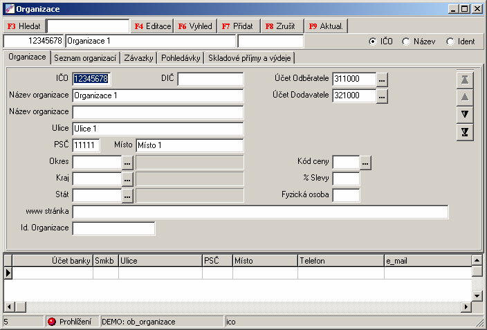 4.3. Organizace ALEF Jeseník, s.r.o Soubor organizací slouží v subsystémech fakturace. Je to jednotný soubor pro došlé i vydané faktury a obsahuje základní informace o každé organizaci.