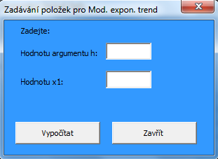 Lze si vybrat mezi regresní přímkou a modifikovaným exponenciálním trendem. Při výběru modifikovaného exponenciální trendu se zobrazí ještě formulář pro zadání hodnoty argumentu h a hodnotu, viz obr.