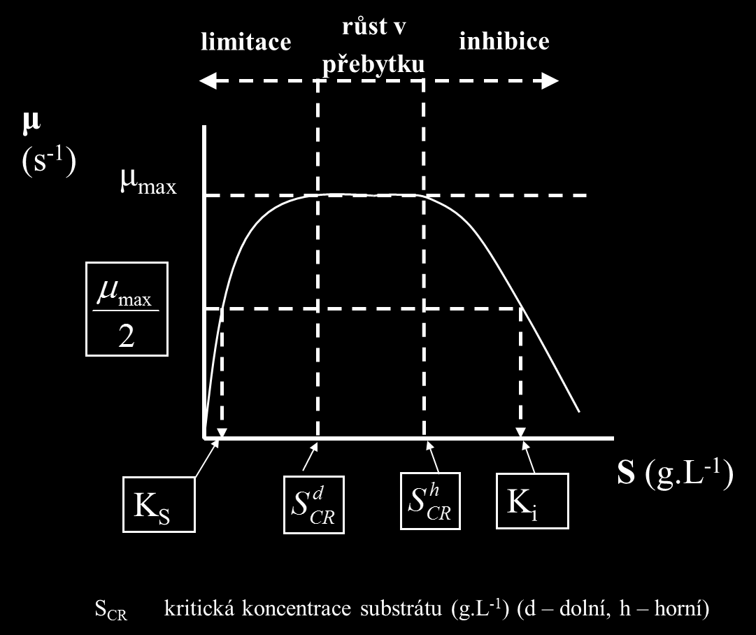 Grafické znázornění Monodovy rovnice při inhibici substrátem (s fází růstu v přebytku). Pro substrát typu glukóza.