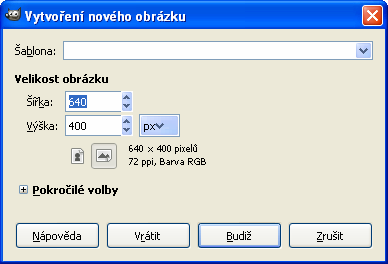 DUM09- strana 3 Vytvoření nového obrázku. Nový prázdný obrázek lze vytvořit pomocí standardní klávesové zkratky CTRL+N. Druhou možností je v okně obrázku nabídka příkazů.