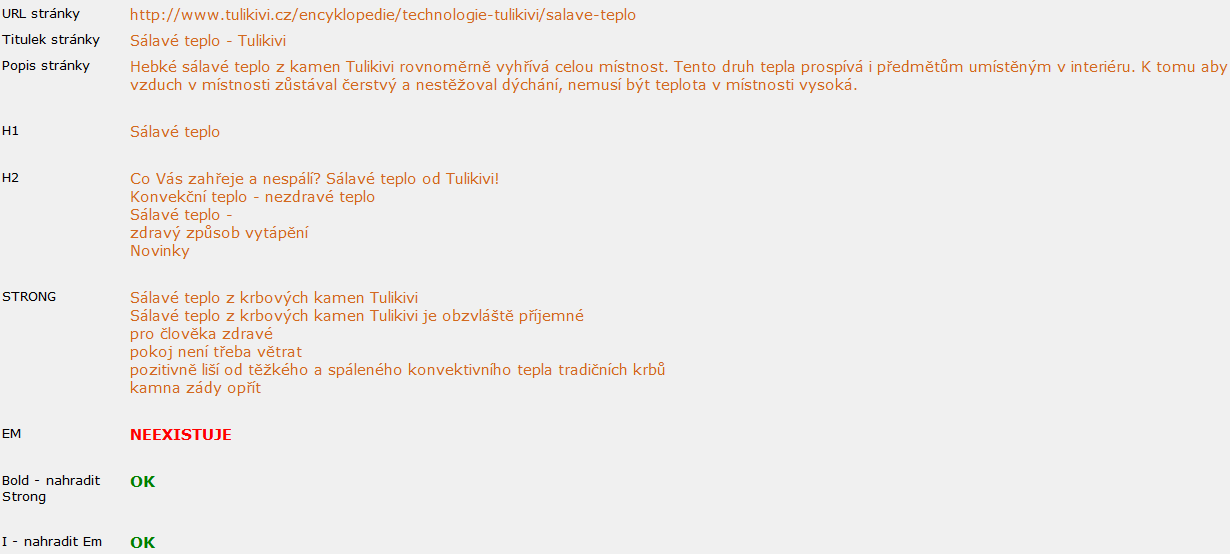 Obrázek 18: Zobrazení využití klíčového slova v nejdůležitějších částech stránky. Klíčové slovo teplo není zastoupeno v tazích Alt a Title u obrázků.