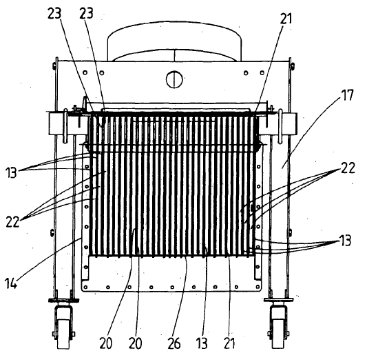 Obr. 6.5 Tepelný výměník popsaný patentem WO2008113430 (zdroj: přihláška patentu WO2008113430) Patent bude detailněji popsán na základě obr. 6.5. Základními prvky tepelného výměníku upevněného v rámu (17) jsou teplosměnná tělesa (13) umístěná uvnitř nosného krytu (14).