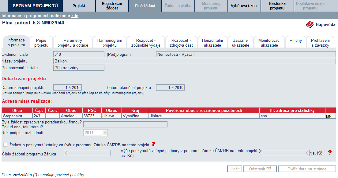 Vzorová ukázka Plné žádosti (po schválení Registrační žádosti) v aplikaci eaccount Jednotlivé záložky Plné žádosti,