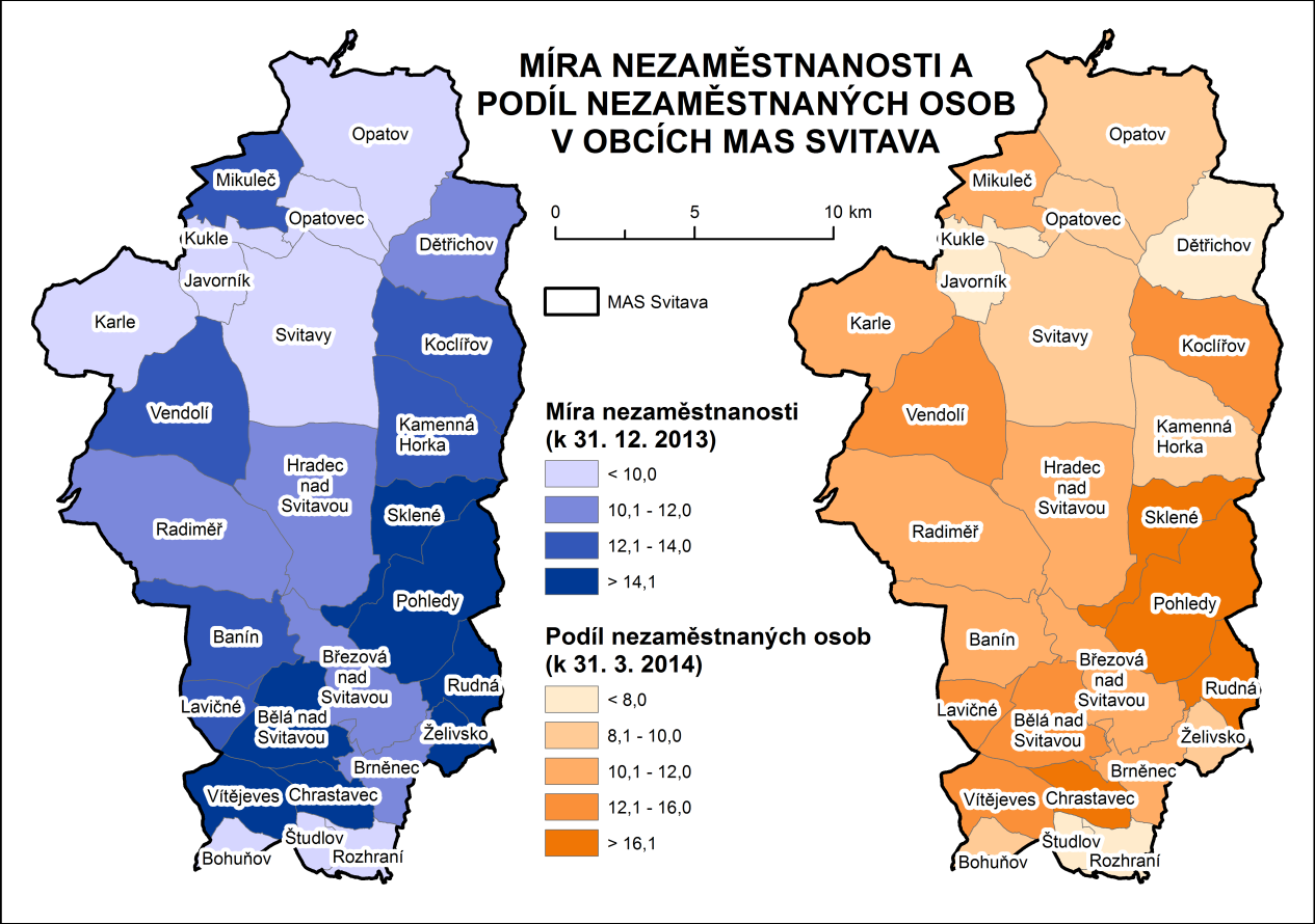 Obrázek 10 - Míra nezaměstnanosti k 31. 12. 2013 a podíl nezaměstnaných osob k 31. 3. 2014 v MAS Svitava Zdroj: ÚAP ORP Svitavy 2014 Míra nezaměstnanosti v MAS na konci roku 2008 dosahovala hodnoty 9,7 %.