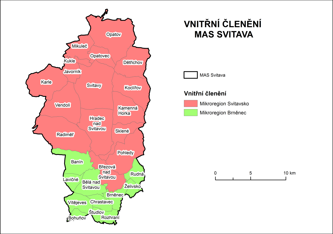 Obrázek 1 - Vnitřní členění MAS Svitava V období před vznikem MAS jako právnické osoby absolvoval v roce 2005 vzdělávání manažerů místních akčních skupin v Benešově pan Eduard Jedlička, který s