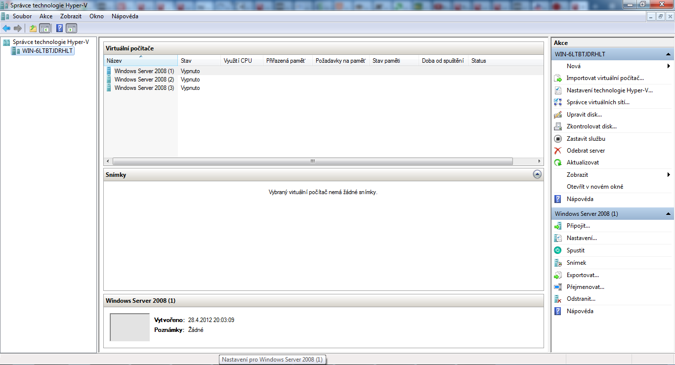 4. Testování Obrázek 4.3: HyperV Manager stavení stanice a serveru lze použít skript, který je možné stáhnout i s popisky z webu (8).