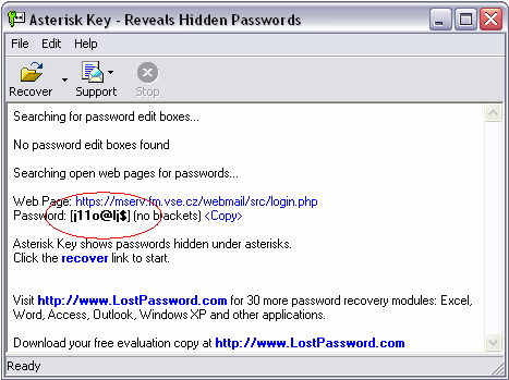 Jako příklad bylo na stránky přihlášení ke školnímu emailu napsáno heslo již výše vytvořené j11o@lj$ a takto to dopadlo (odhalené heslo je označené červeně): Obrázek 14: Odhalení hesla Program heslo