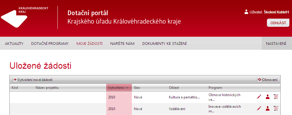 Krok č. 2 Přihlášení žadatele V pravém horním rohu uživatel vyplní své Přihlašovací jméno a heslo, které si definoval v registraci (viz předchozí krok č. 1 Registrace).