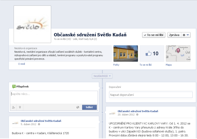 Obr. č. 8: Úvodní stránka webových stránek Zdroj: www.ossvetlokadan.webnode.cz, 2013 Dalším nástrojem komunikace je Facebook (dále jen FB), v dnešní době velmi rozšířený.